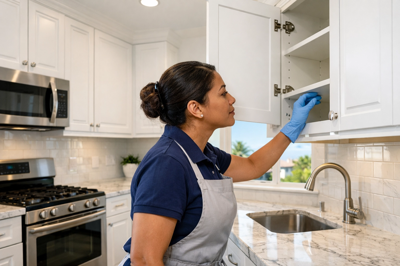 Professional move in cleaning Orlando expert sanitizing modern kitchen cabinets.