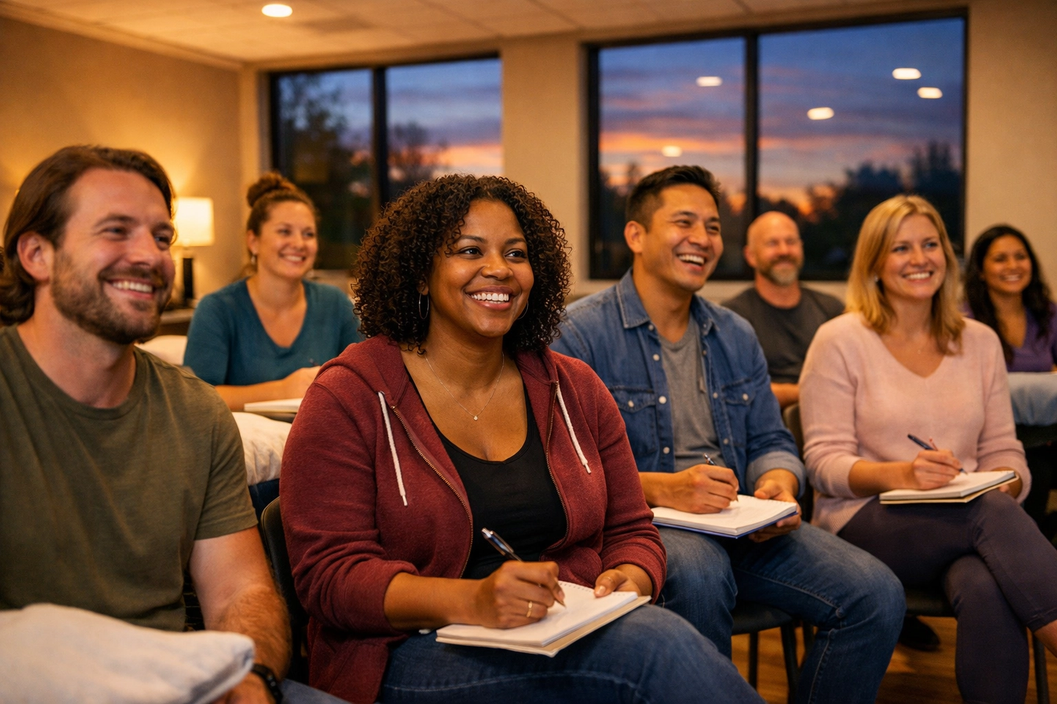 Evening massage therapy class with adult students in Alabama training program