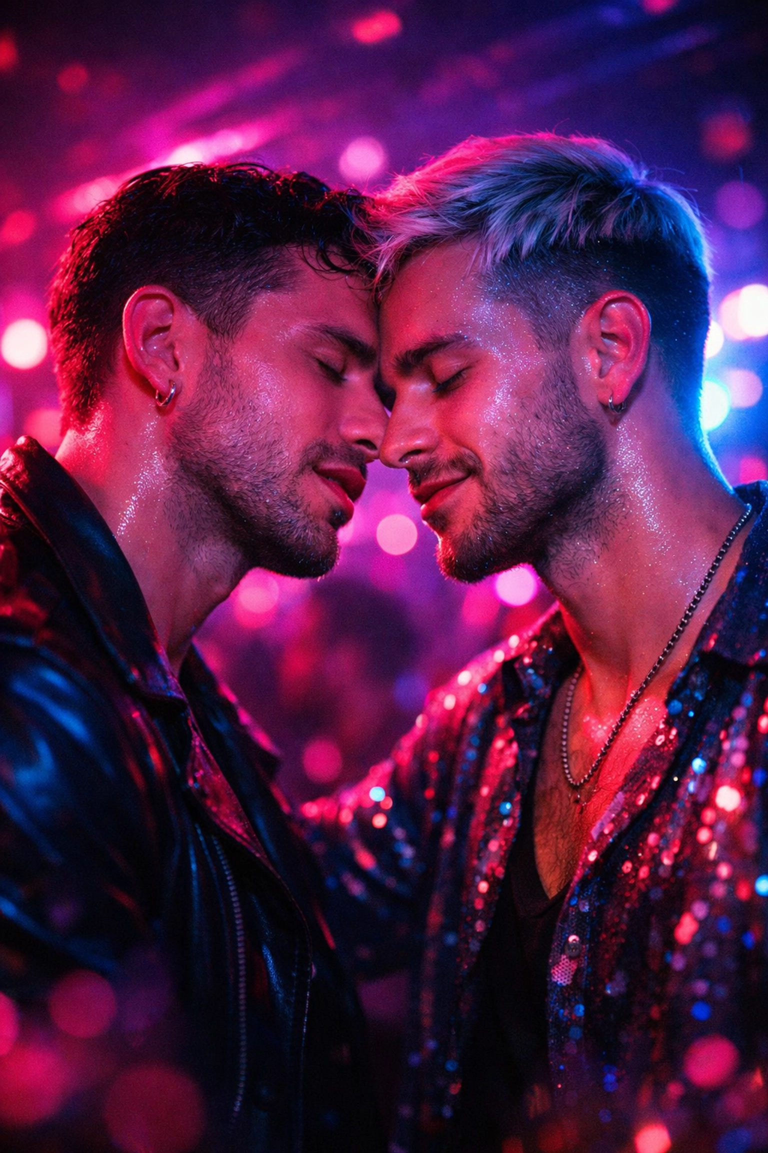 Two gay men embracing in a neon-lit nightclub under strobe lights, representing the euphoria of the party scene.