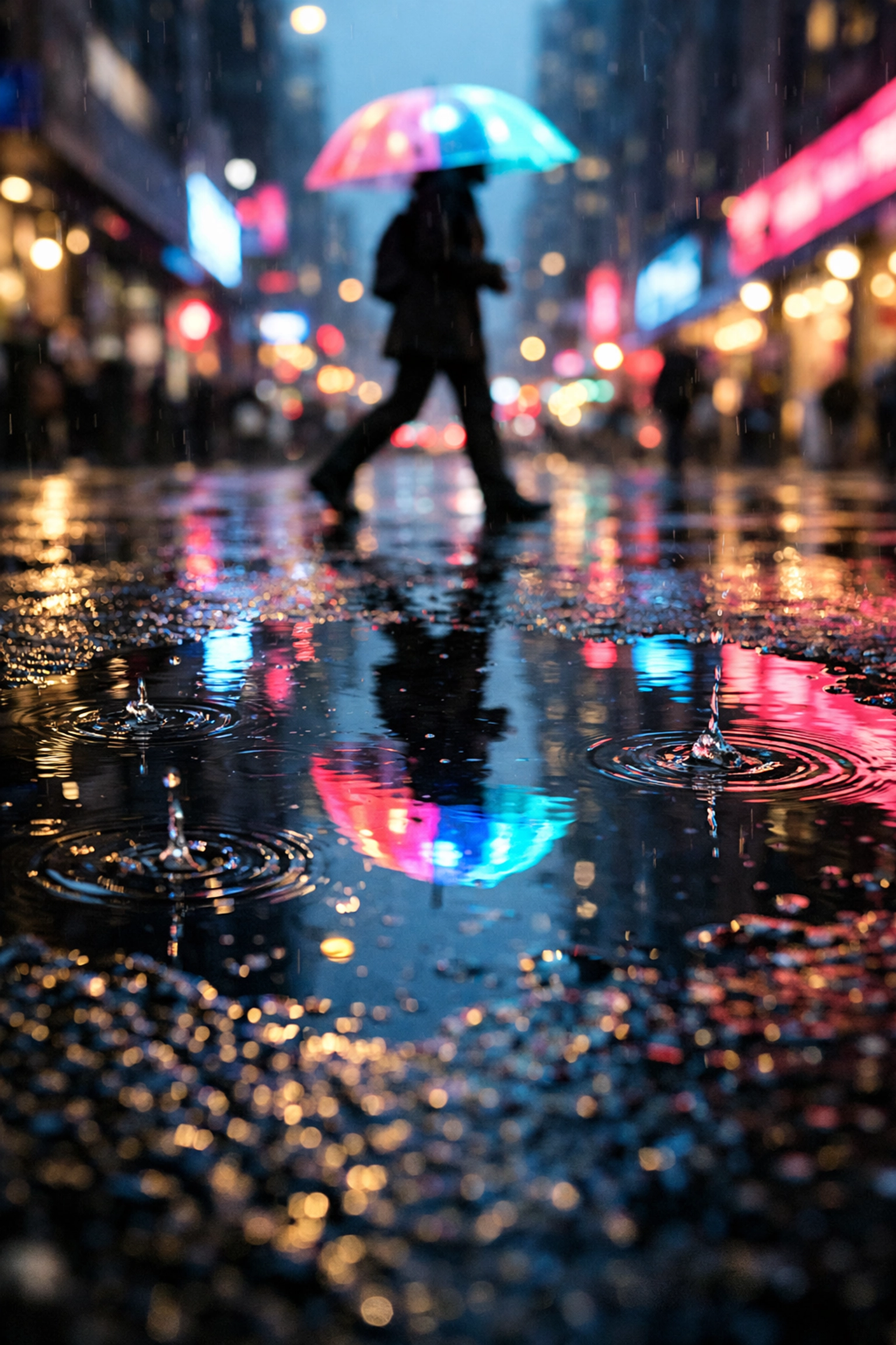 Colorful rain puddle reflection in the city, perfect for creative street photography ideas on rainy days.
