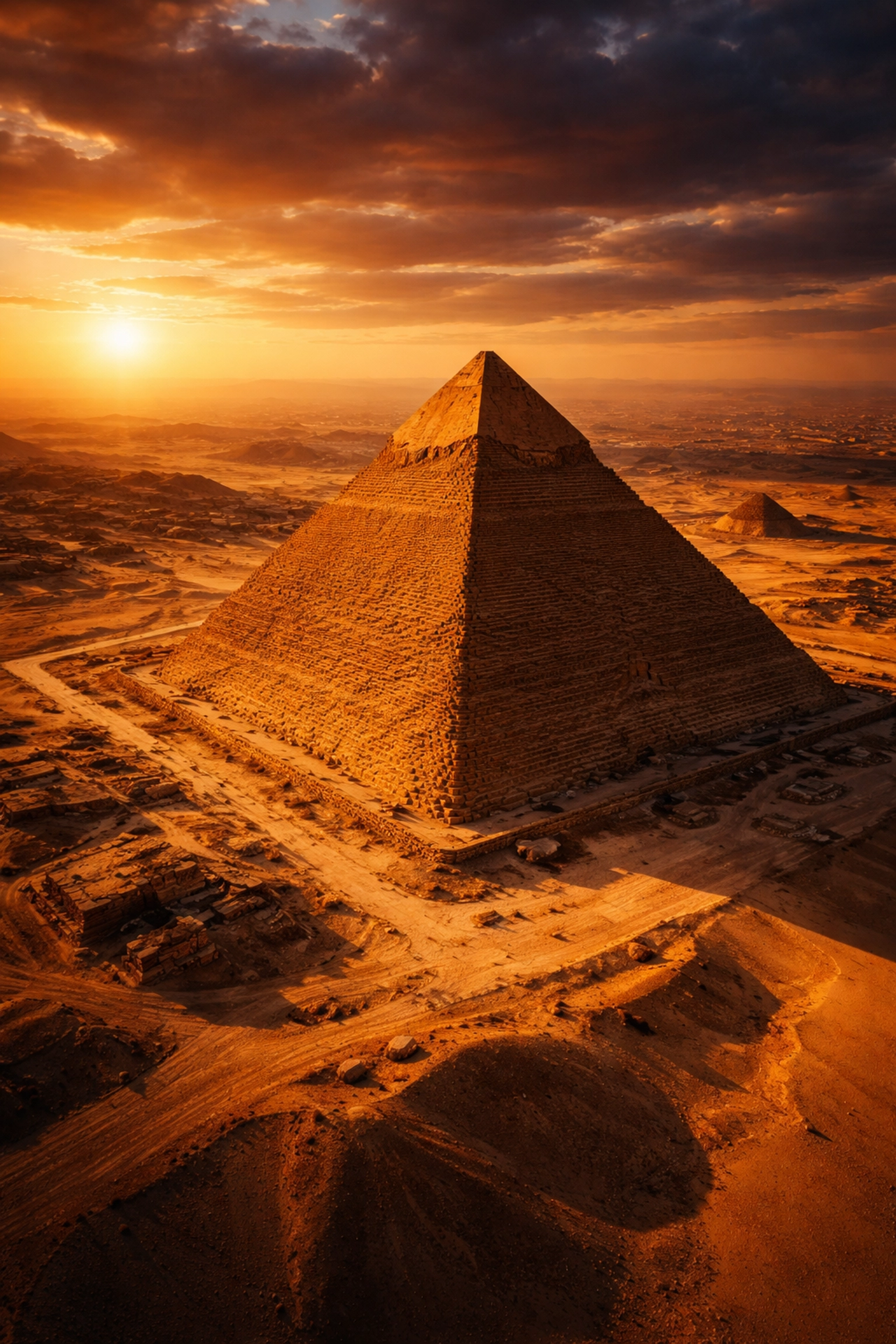 Aerial view of the Great Pyramid of Giza at sunset, illustrating ancient African excellence and legacy.