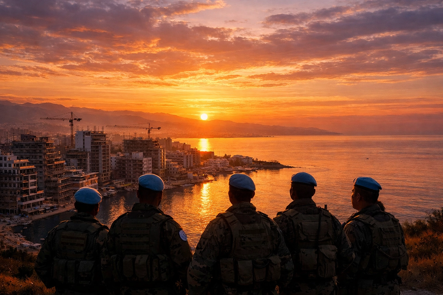 Peacekeepers overseeing Mediterranean reconstruction at sunrise, representing global stability and humanitarian aid.