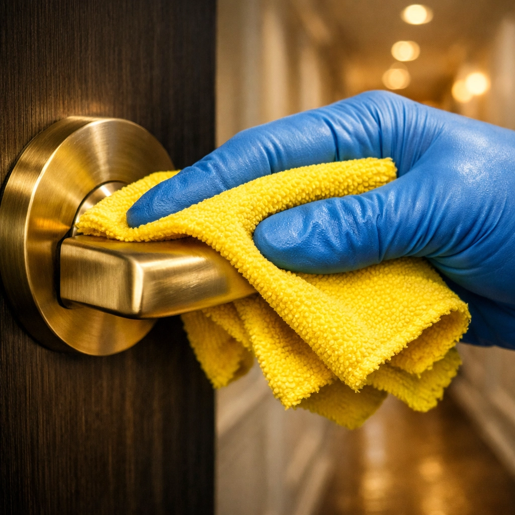 Sanitizing high-touch doorknobs during a professional house cleaning Wayland MA service for a healthy home.