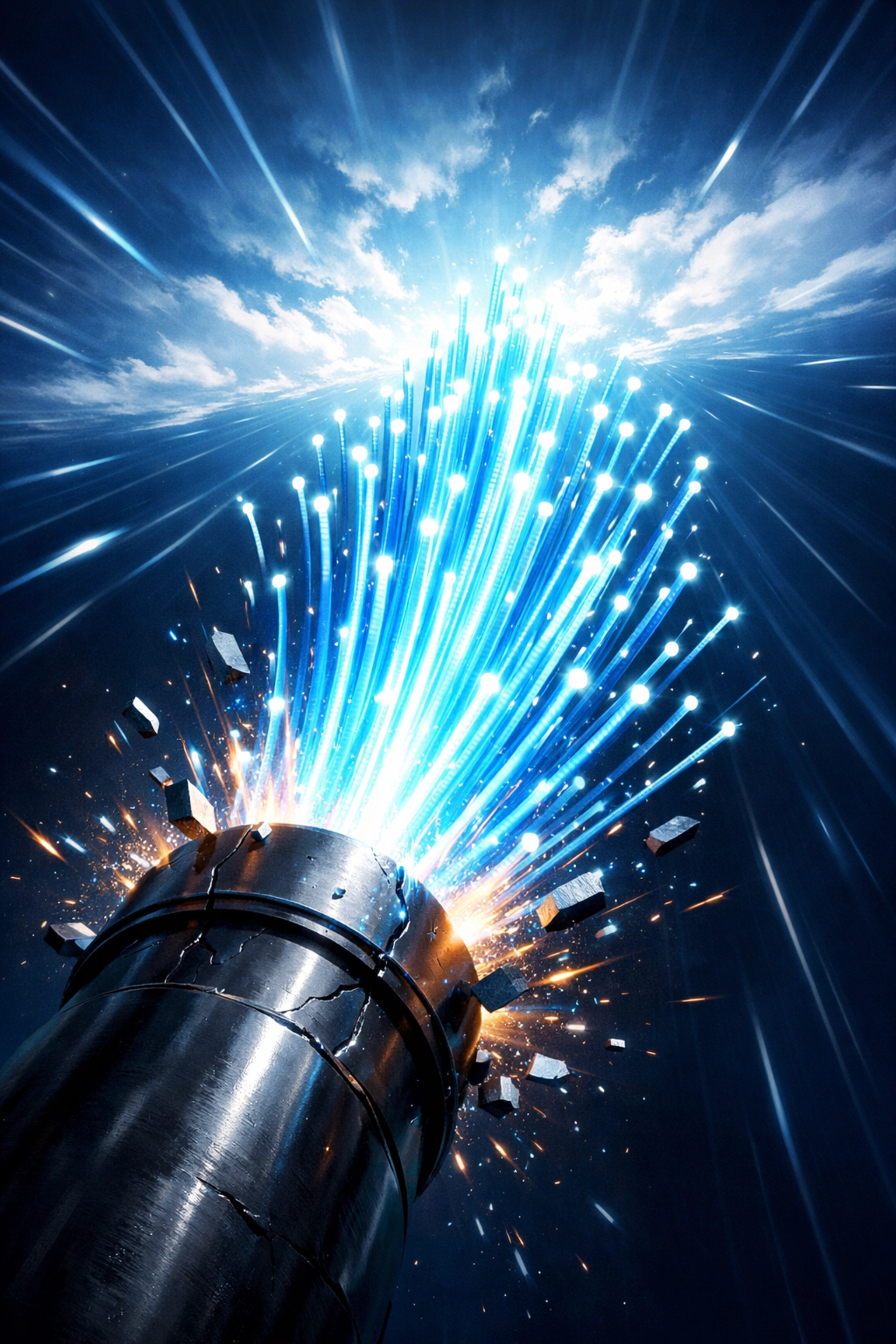 Fiber optic data streaming toward the cloud, symbolizing fast and secure network infrastructure.