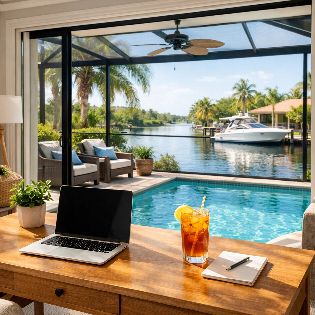 Bright home office overlooking a pool and boat dock, perfect for SWFL waterfront living.