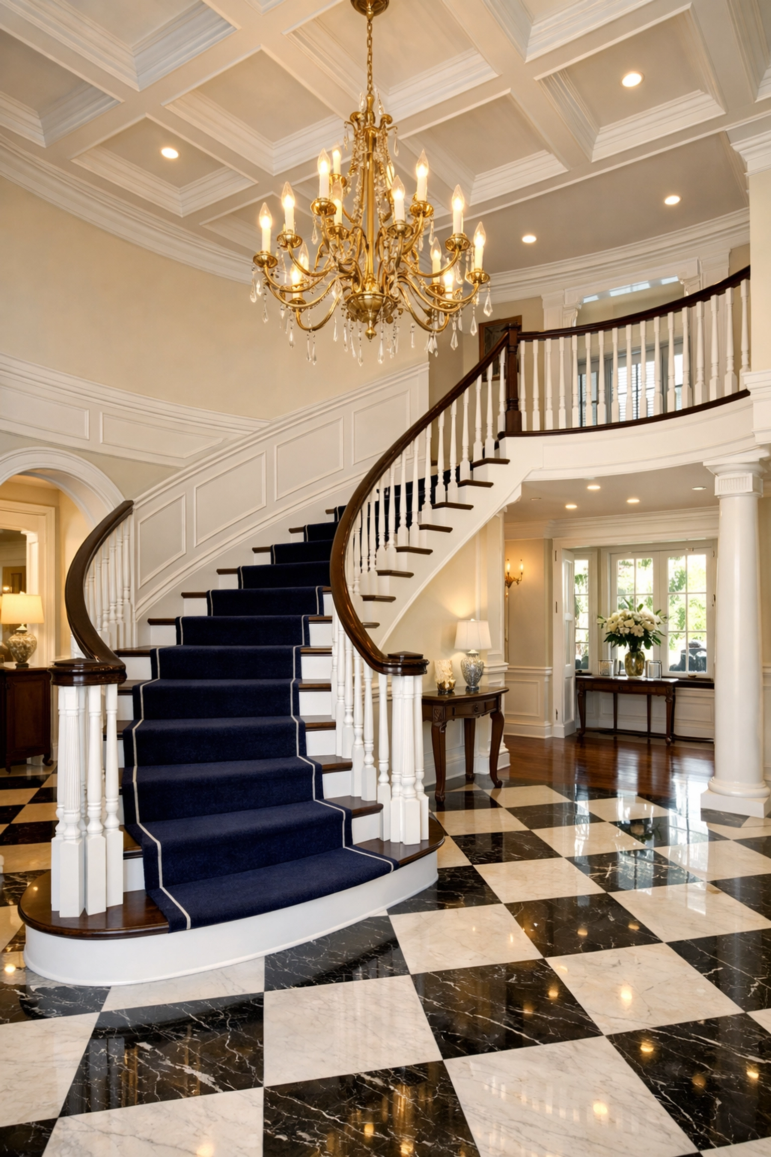 Grand foyer with buffed marble floors following a deep Marblehead luxury house cleaning service.