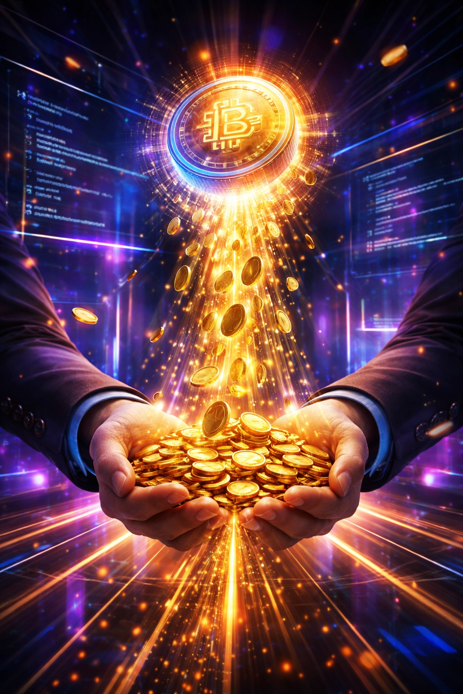 Digital token transforming into gold coins in a neon cyber setting, symbolizing instant liquidity and Larecoin’s NFT receipts solution.
