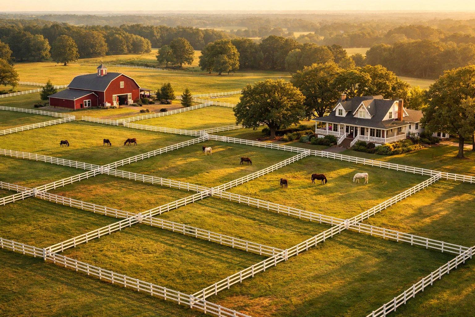 Aerial view of horse farm for sale in Waxhaw NC with white fenced pastures and red barn