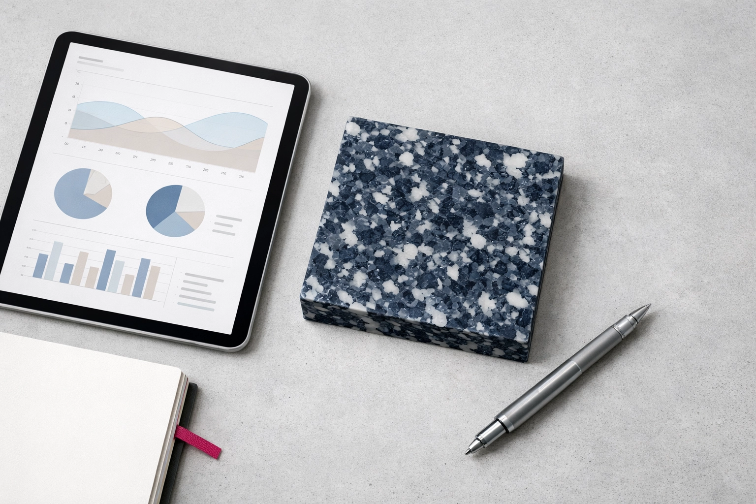 Architect workspace with recycled plastic panel for embodied carbon reporting Australia BoQ data.