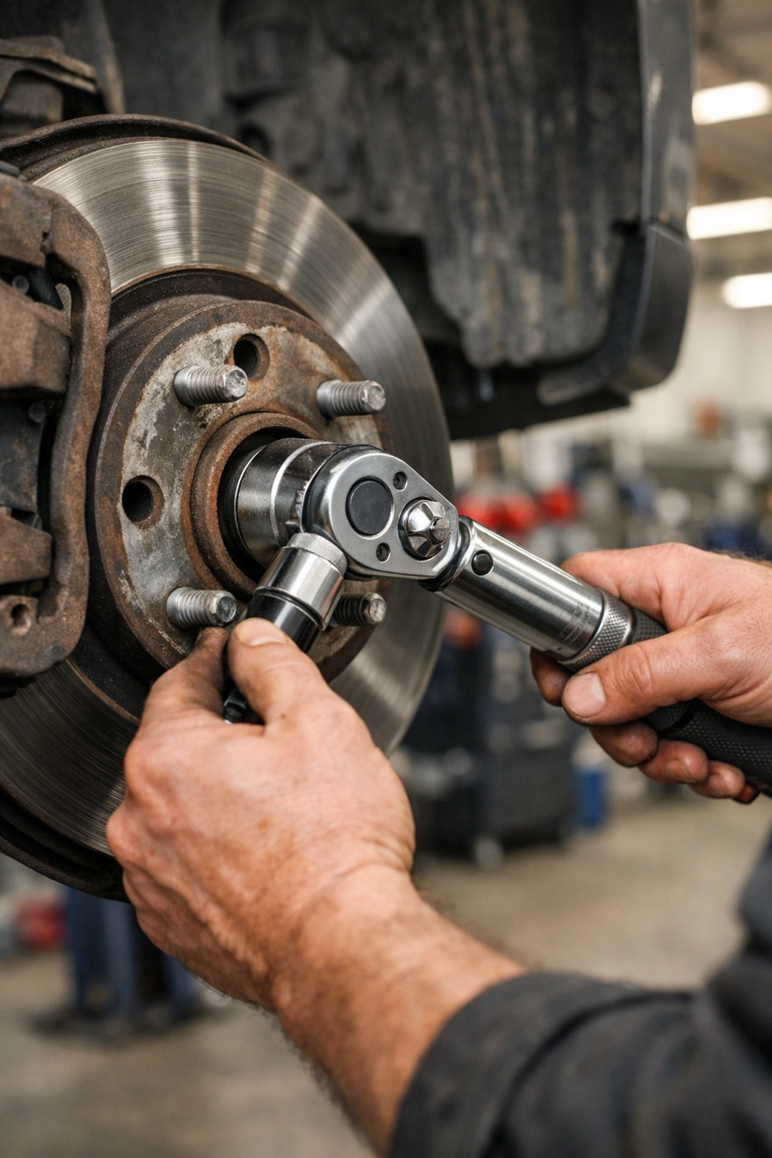 Close-up of a mechanic performing brake repair, a high-margin service for auto repair Google Ads campaigns.