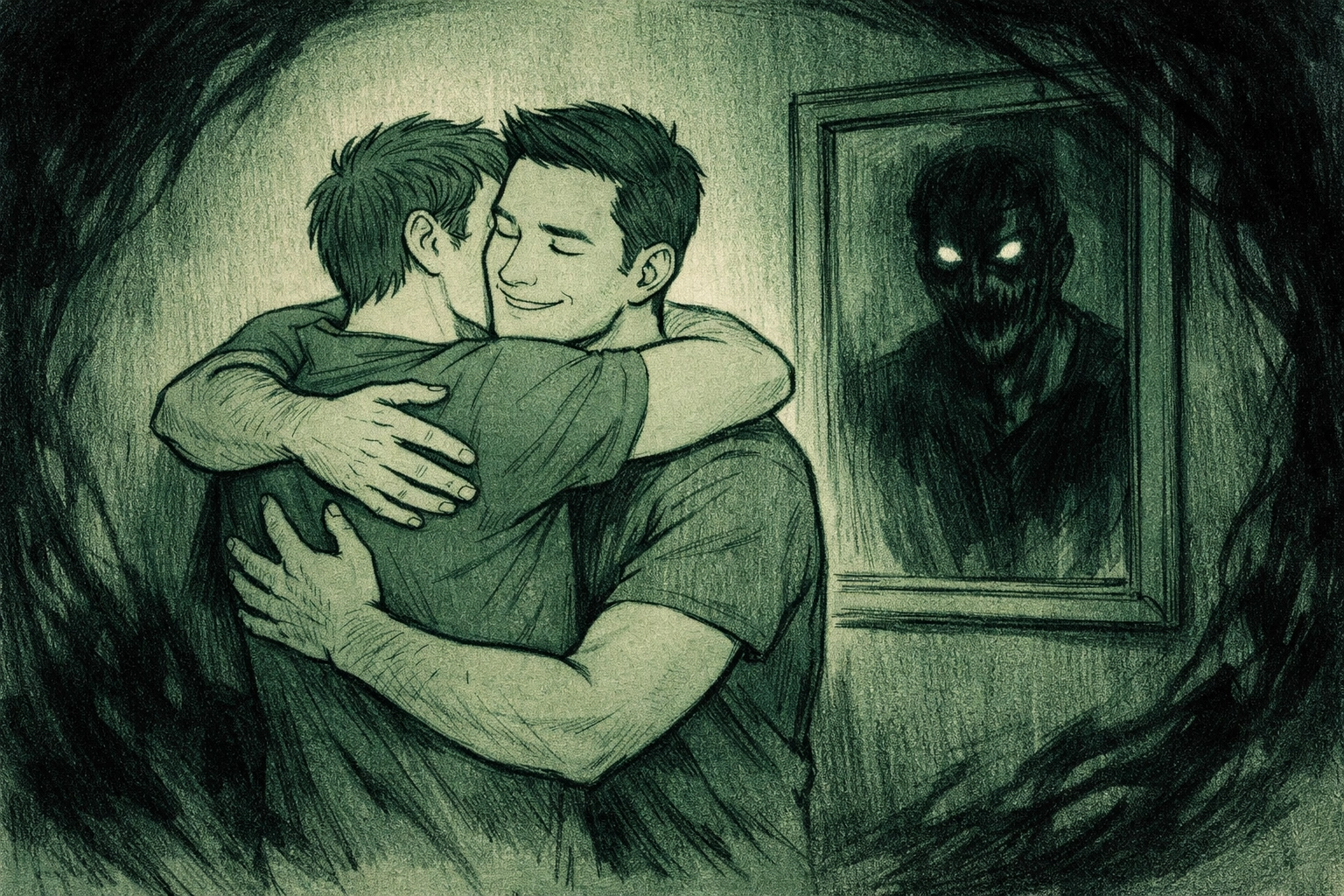 MM couple embracing with dark shadows creeping in - psychological horror meets gay romance