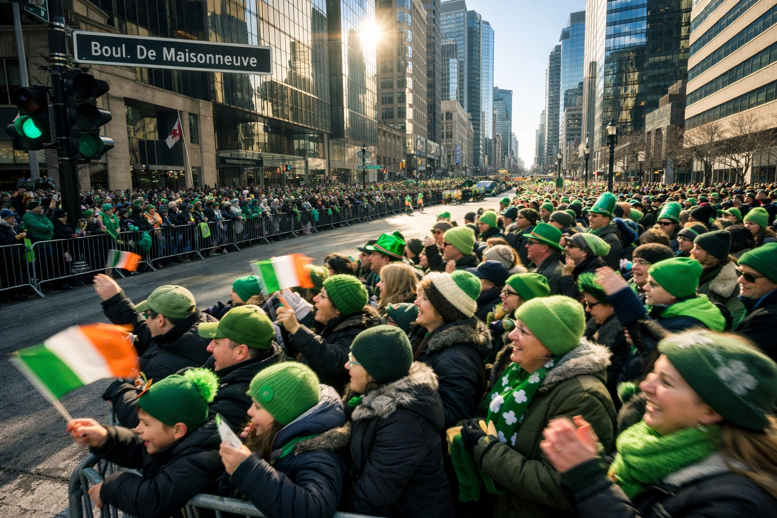 Large crowds celebrating along the Green Route on De Maisonneuve during St Paddy’s Montreal 2026.