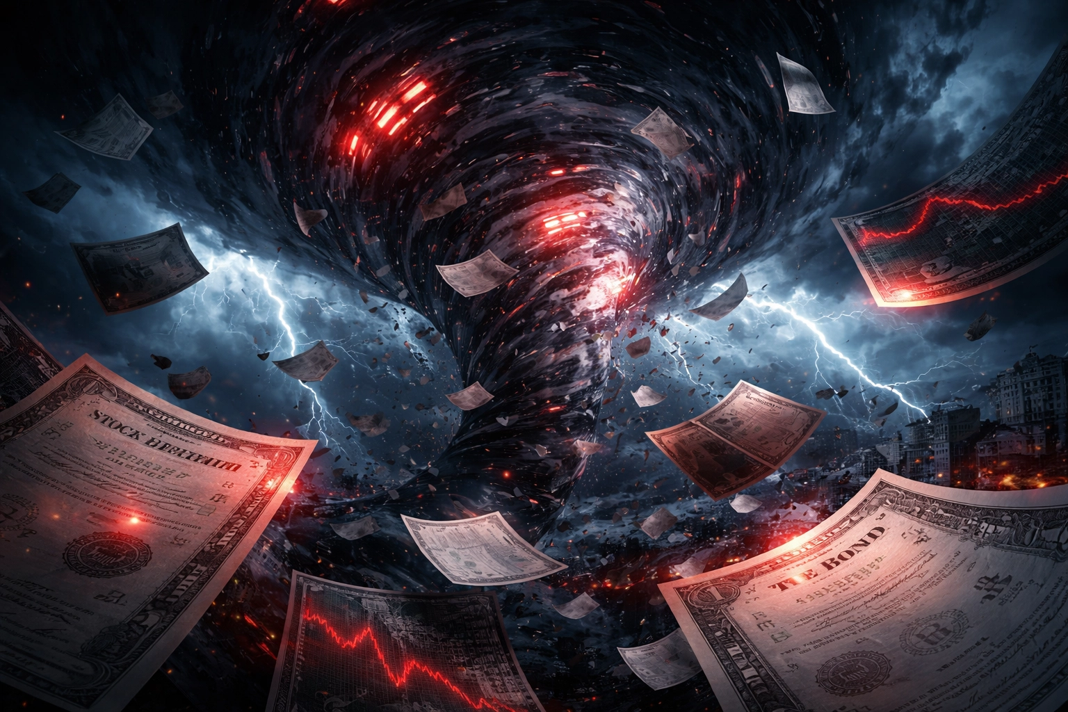 Financial storm illustrating risks of traditional 60/40 portfolios when stocks and bonds move together