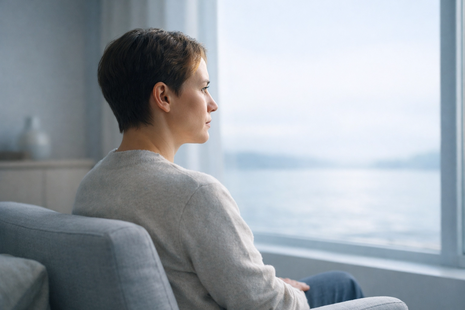 Individual reflecting in a calm room, representing the impact of burnout on the prefrontal cortex and brain function.