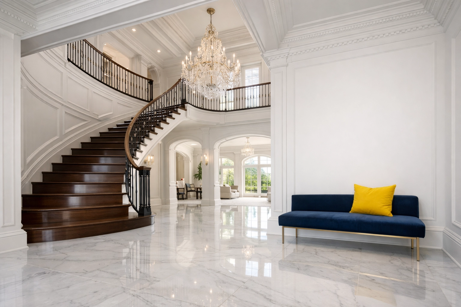 Pristine Dover estate foyer with white marble floors after luxury residential cleaning Massachusetts.
