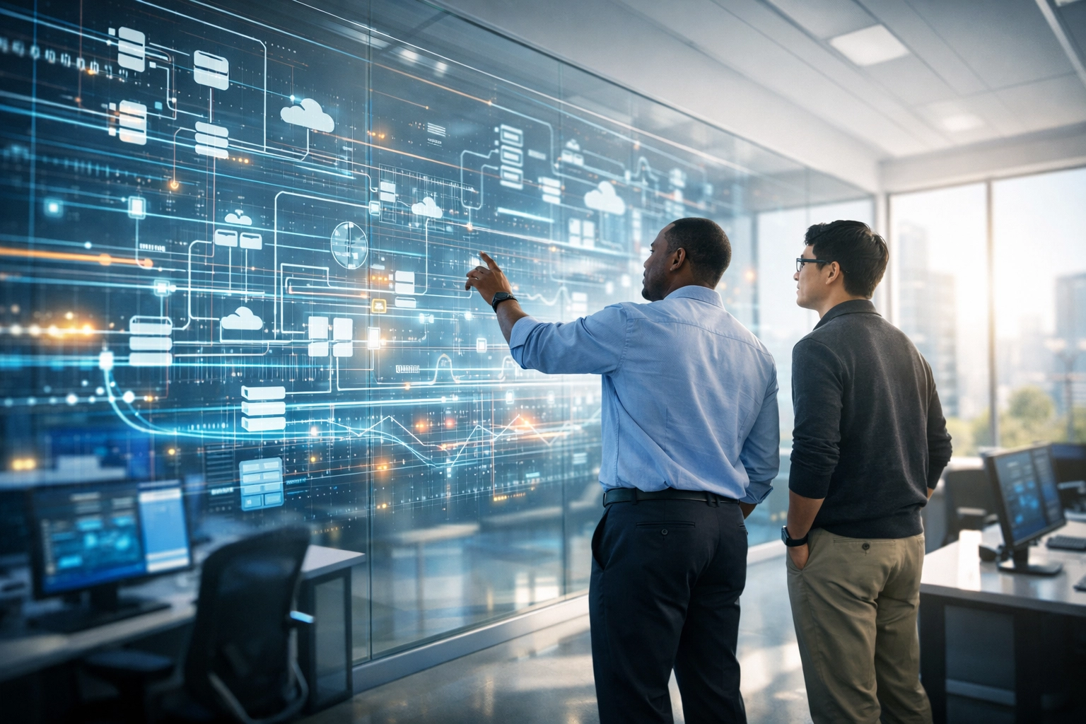 IT experts using ServiceNow ITOM to analyze system architecture and improve incident MTTR.