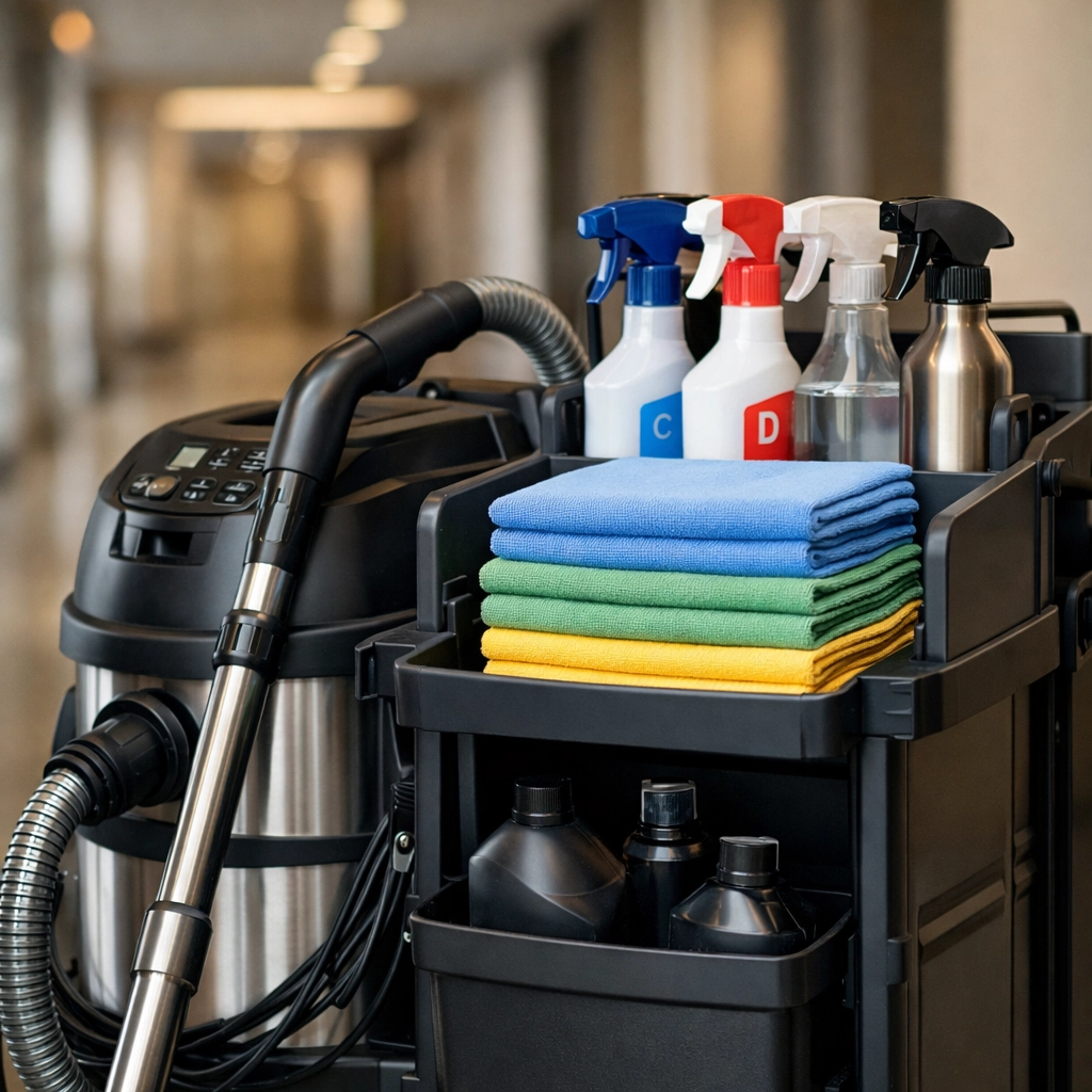 Professional-grade cleaning equipment and organized supplies in a modern Midwest apartment corridor.