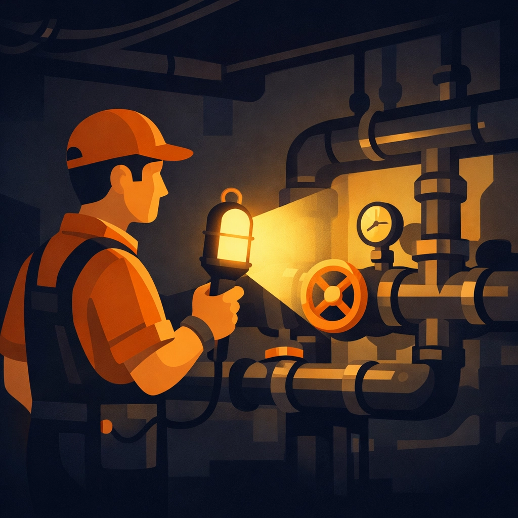 Service technician using a work light to capture clear construction photo documentation in a basement.