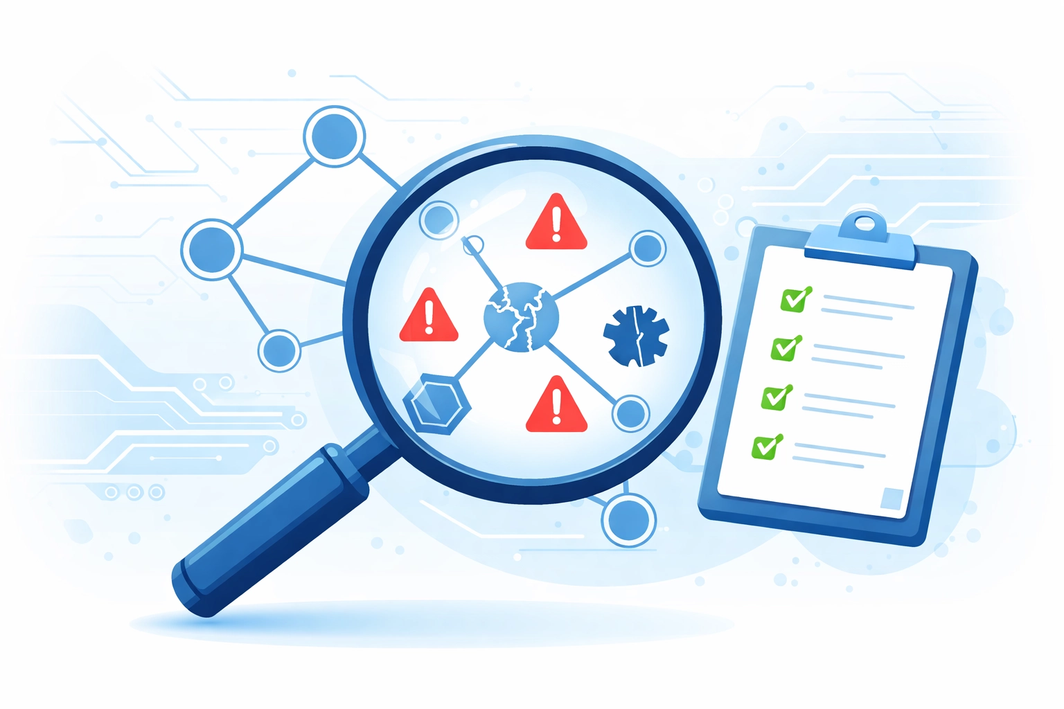 Magnifying glass over network diagram, illustrating cybersecurity audits to identify business vulnerabilities