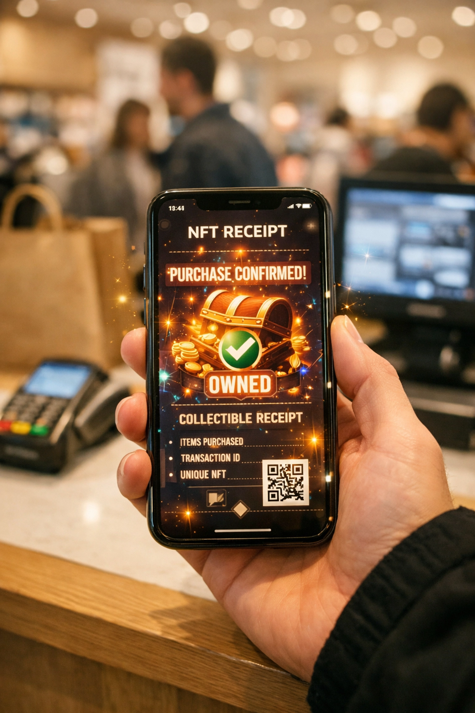 Customer viewing NFT receipt on smartphone at retail checkout using Larecoin payment system
