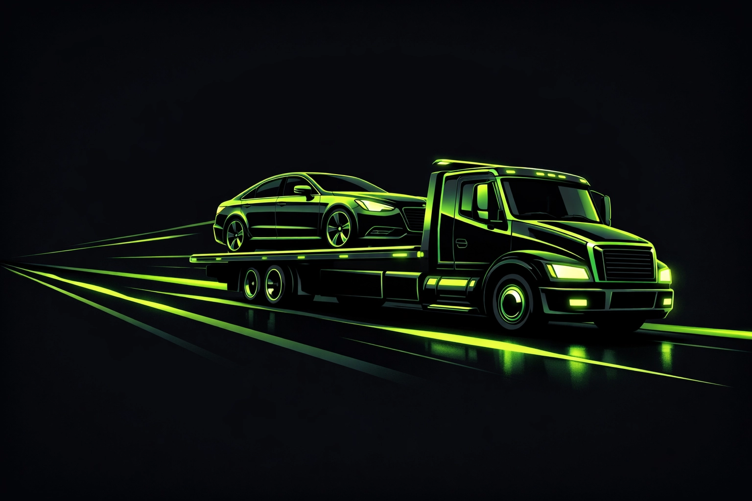 Flatbed tow truck providing Dallas long distance recovery for a vehicle on the highway.