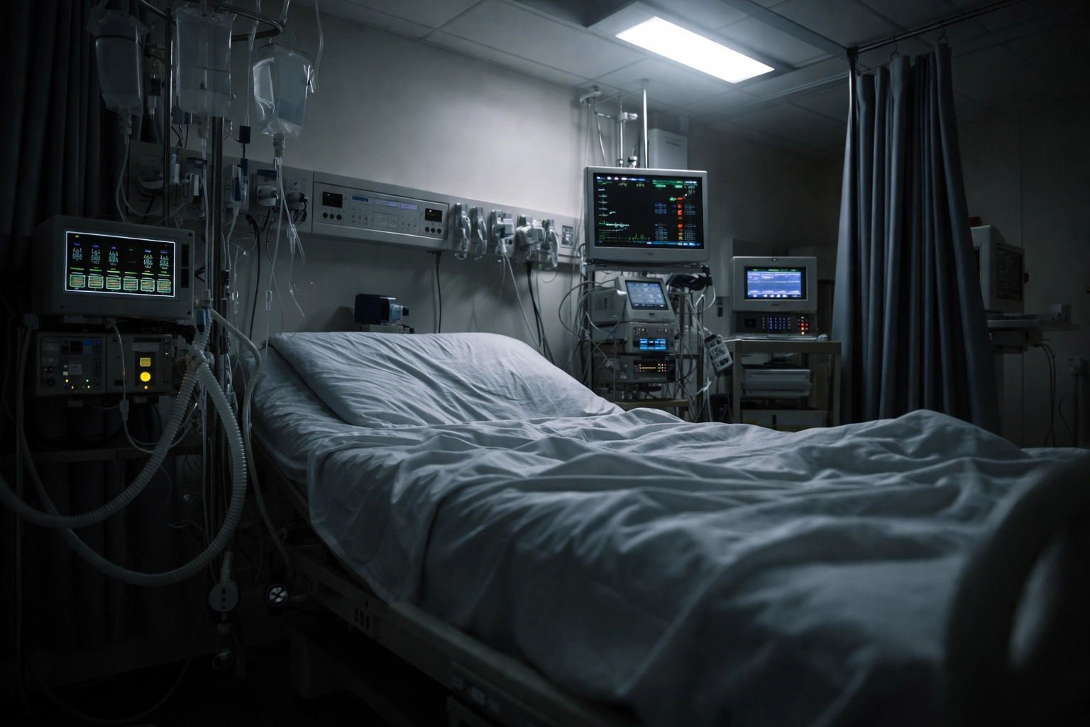 Empty hospital ICU bed with medical monitors depicting the reality of surviving a coma from opioid overdose
