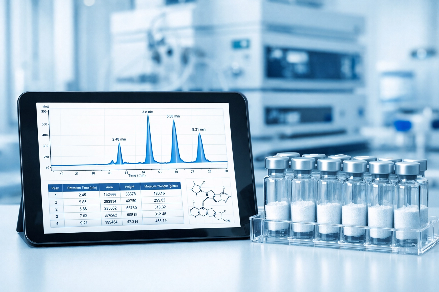 Digital tablet displaying an HPLC chromatogram next to vials of white lyophilized peptides for purity verification.