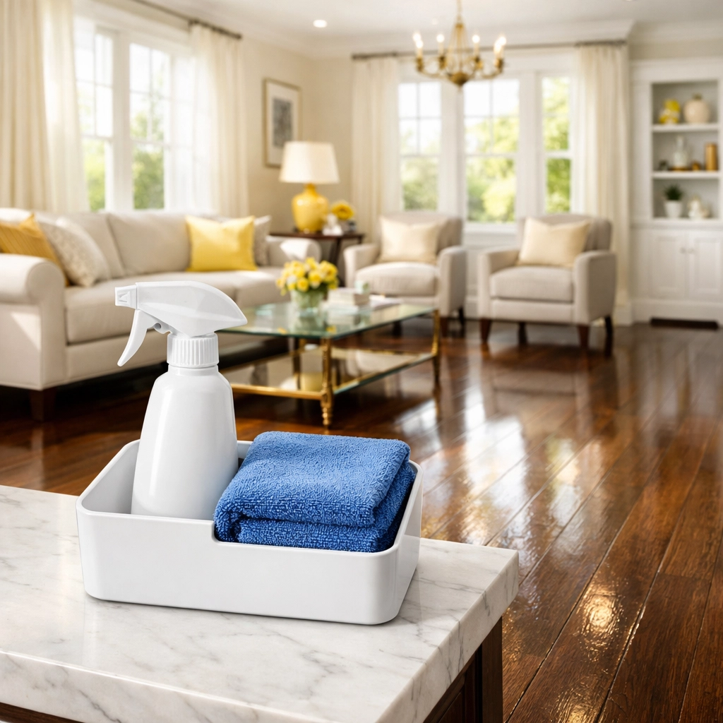 Professional house cleaning Ashby MA tools including a spray bottle and cloth in a bright living room.