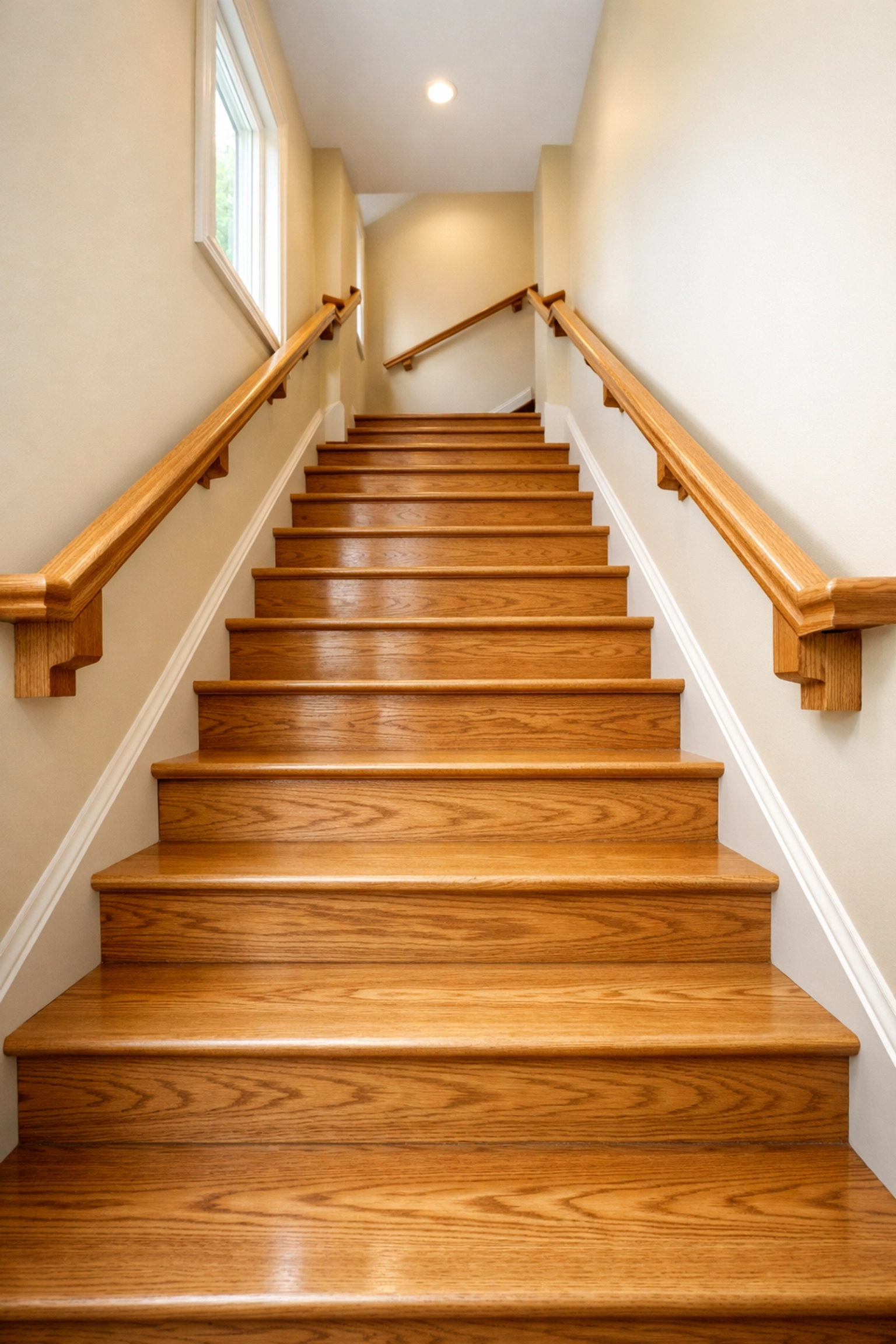 A well-lit wooden staircase with matching oak handrails on both sides for bilateral support and stair safety.