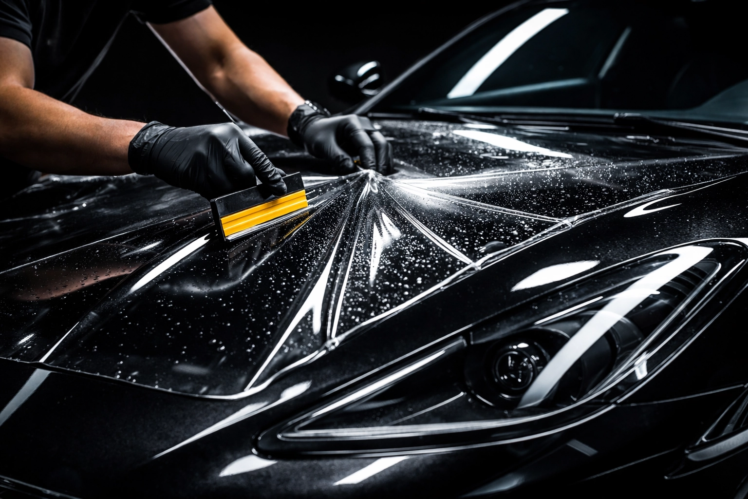 Installer applying paint protection film to black luxury car hood in professional Louisville detailing shop