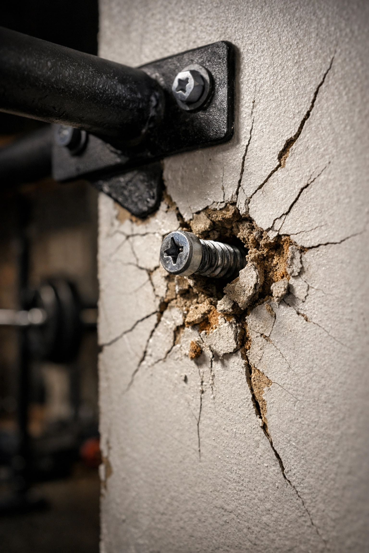 Damaged drywall and cracks around wall-mounted pull-up bar anchor holes
