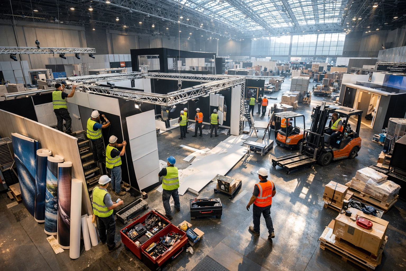 Exhibition stand installation team assembling modular structure at venue