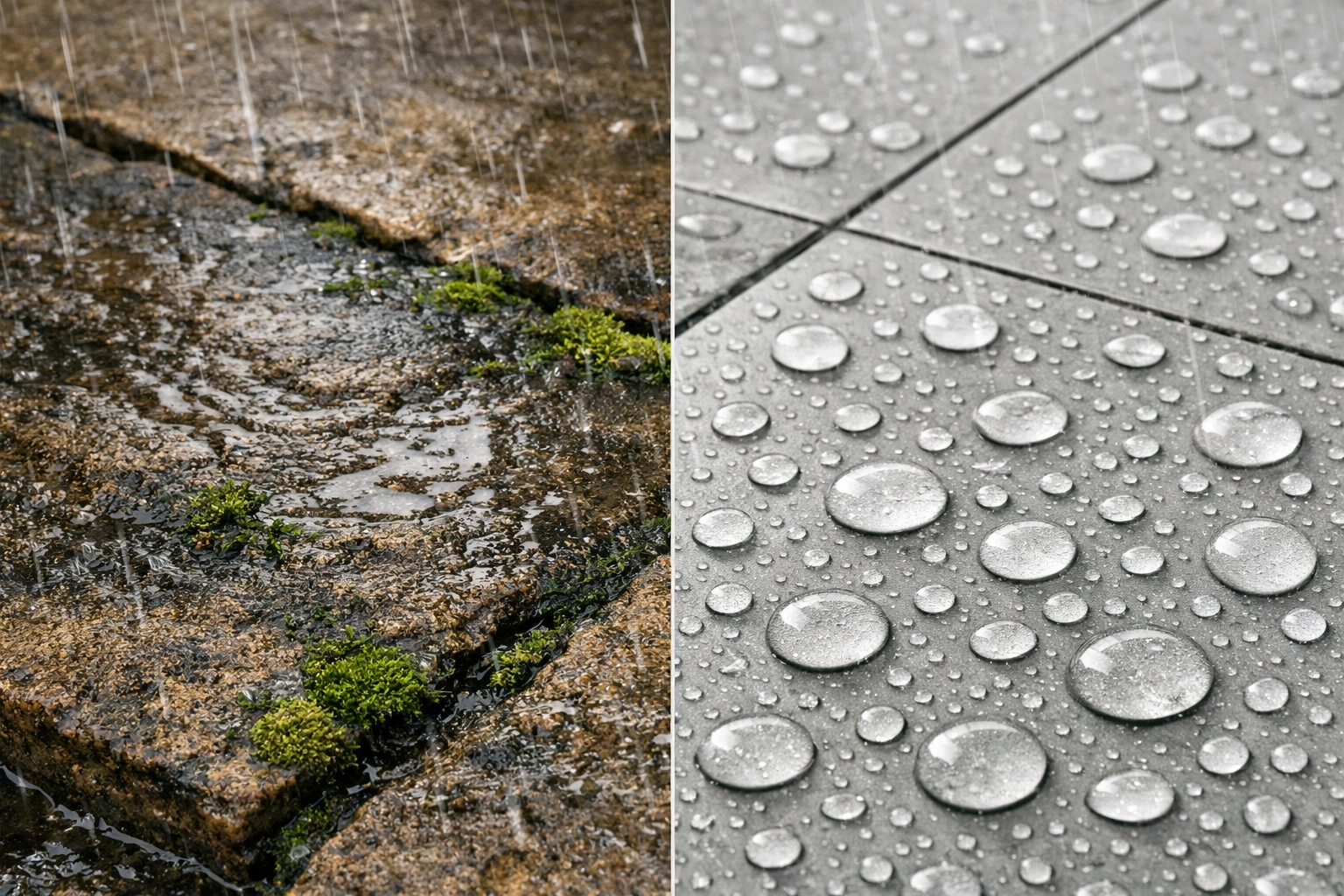 Comparison of non-porous porcelain patio tile and weathered sandstone in the Welsh rain.