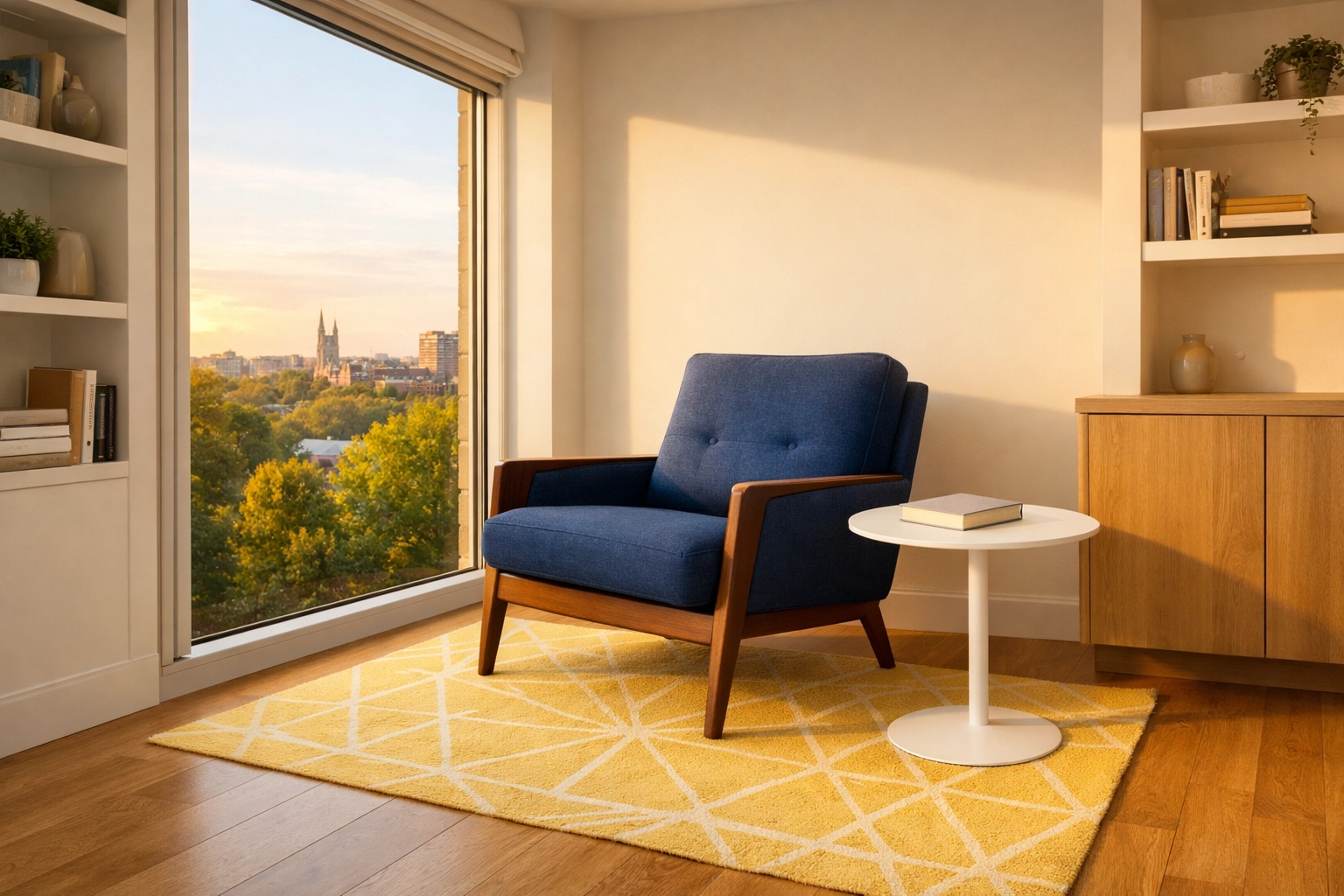 Tidy Worcester apartment reading nook highlighting the benefit of residential cleaning MA.