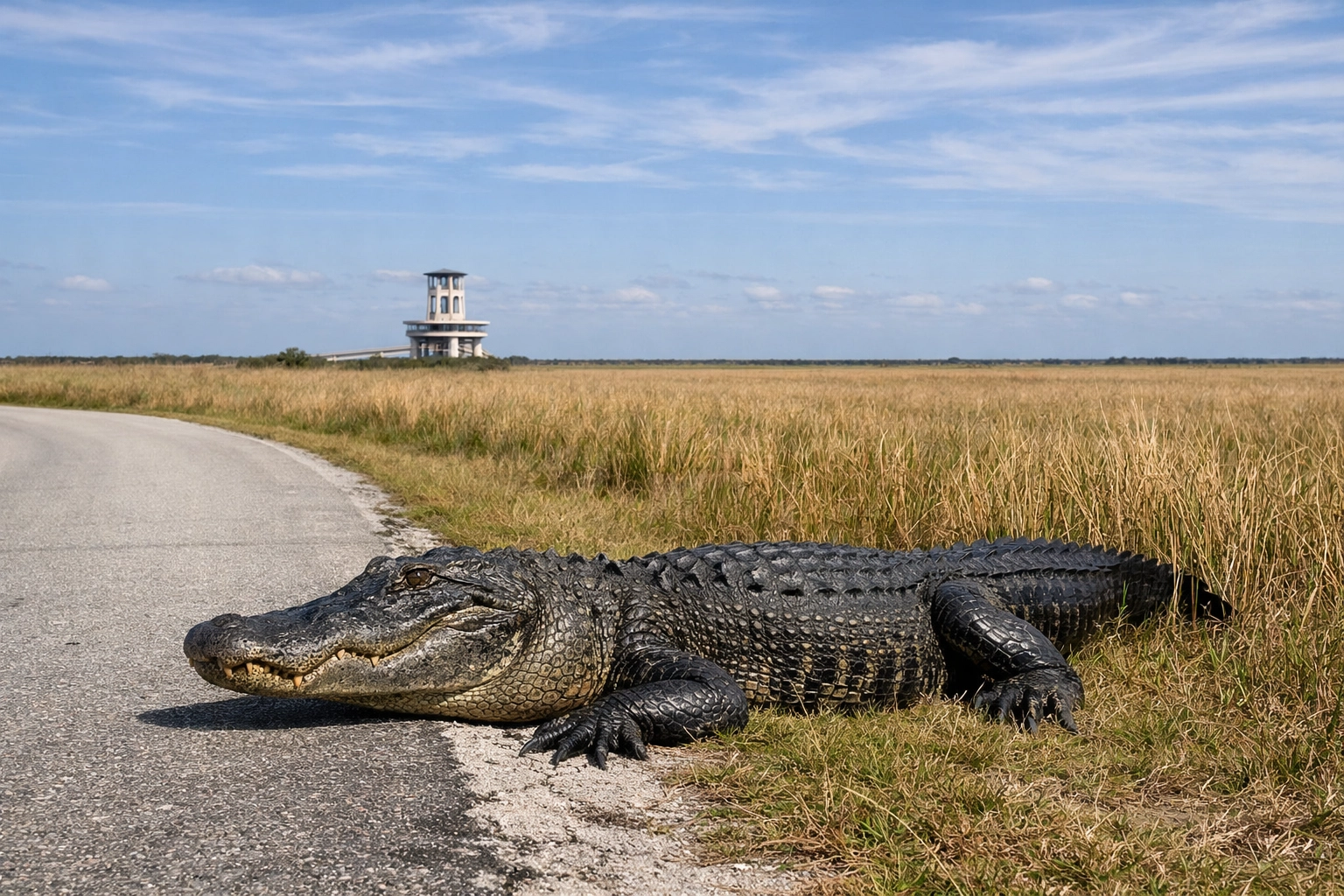 Alligator sunning on the loop road at Shark Valley with the observation tower and sawgrass prairie in the distance.