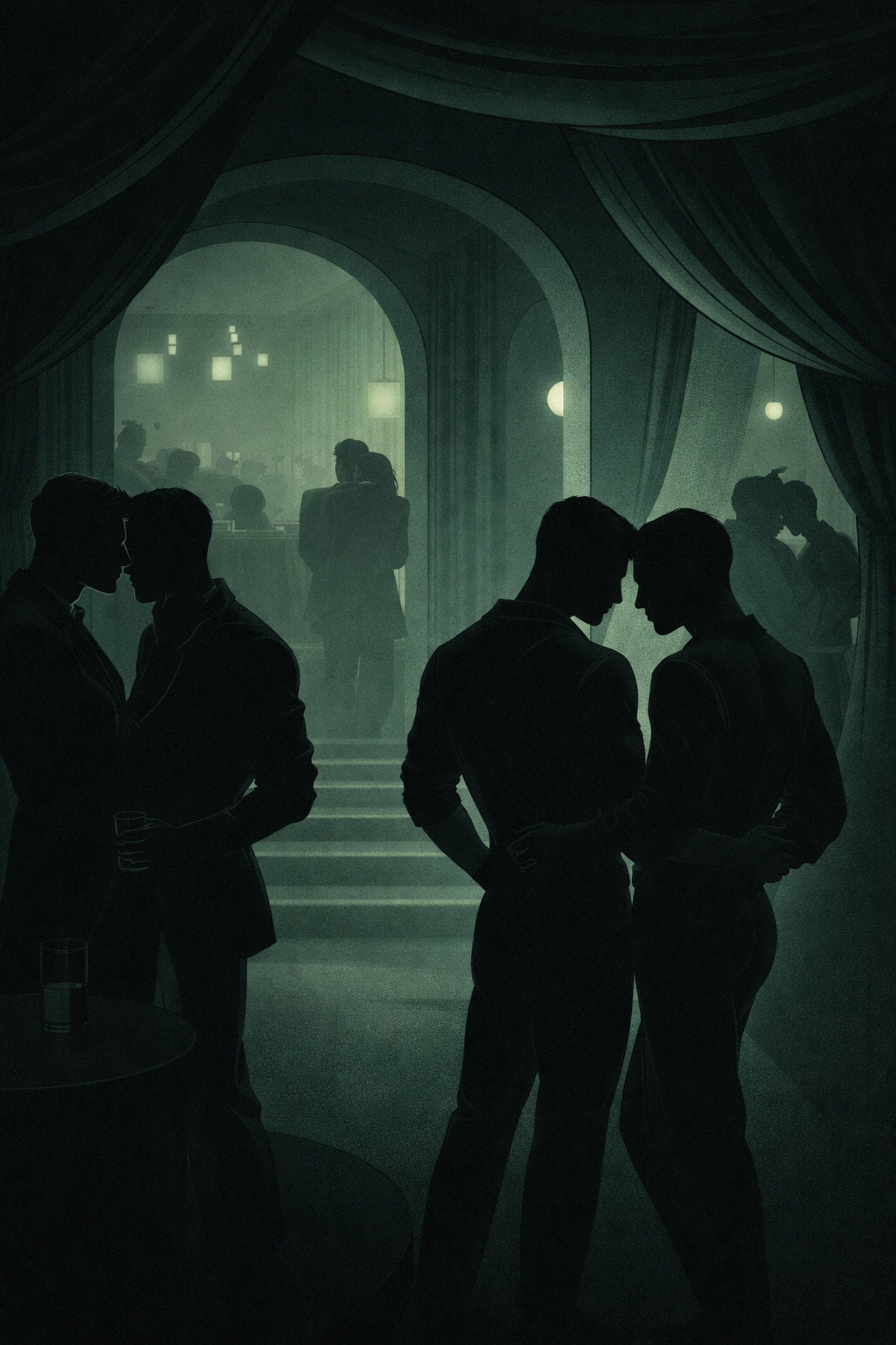 Elegant underground club setting with men in intimate groups for LGBTQ+ romance novels
