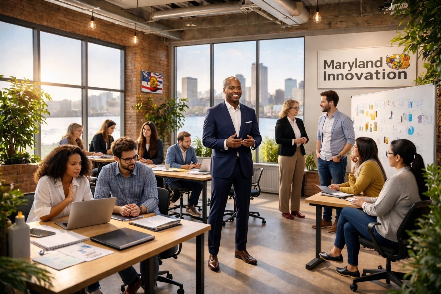 Technology innovation hub in Baltimore with diverse professionals collaborating in a modern workspace.