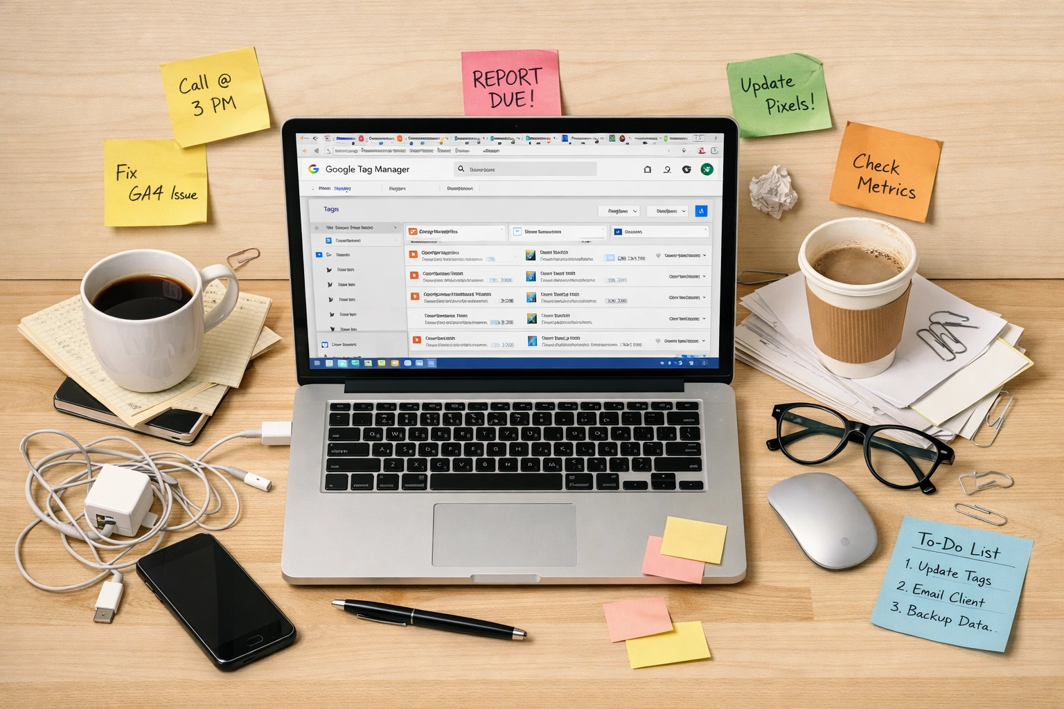 Cluttered workspace showing chaotic Google Tag Manager interface with multiple tabs and disorganized tools