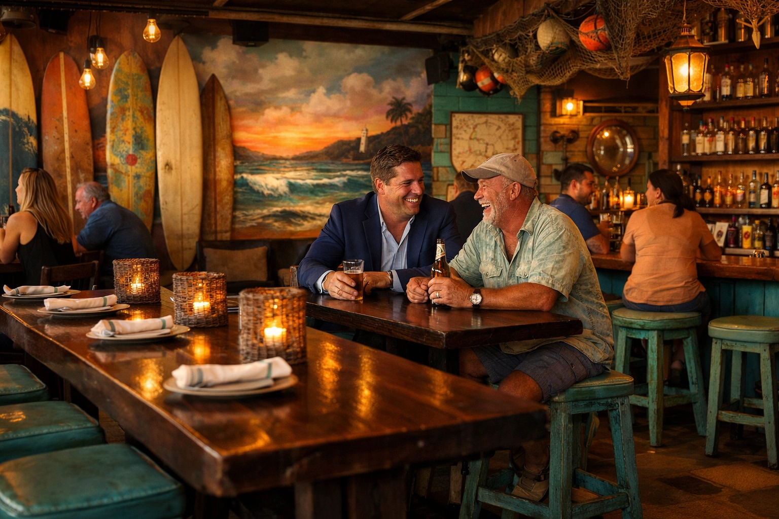 Little Moir's Leftovers restaurant interior featuring eclectic surf-shack decor and a welcoming atmosphere.