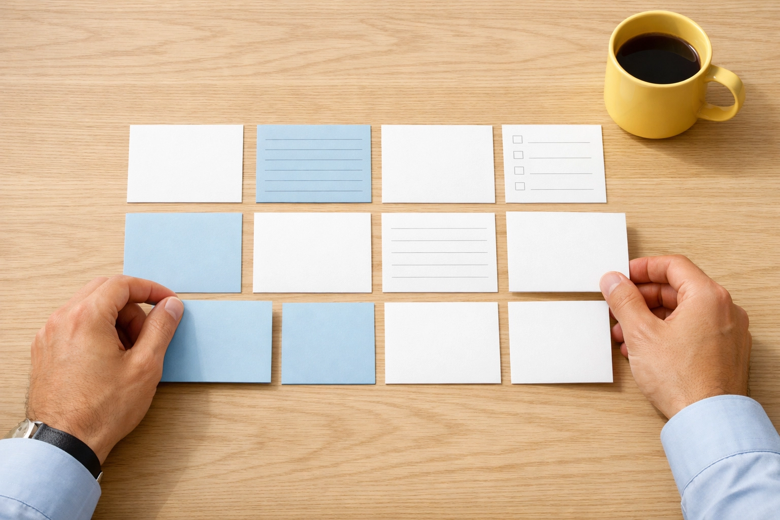 Hands arranging modular planning cards to organize a successful planned giving marketing campaign.