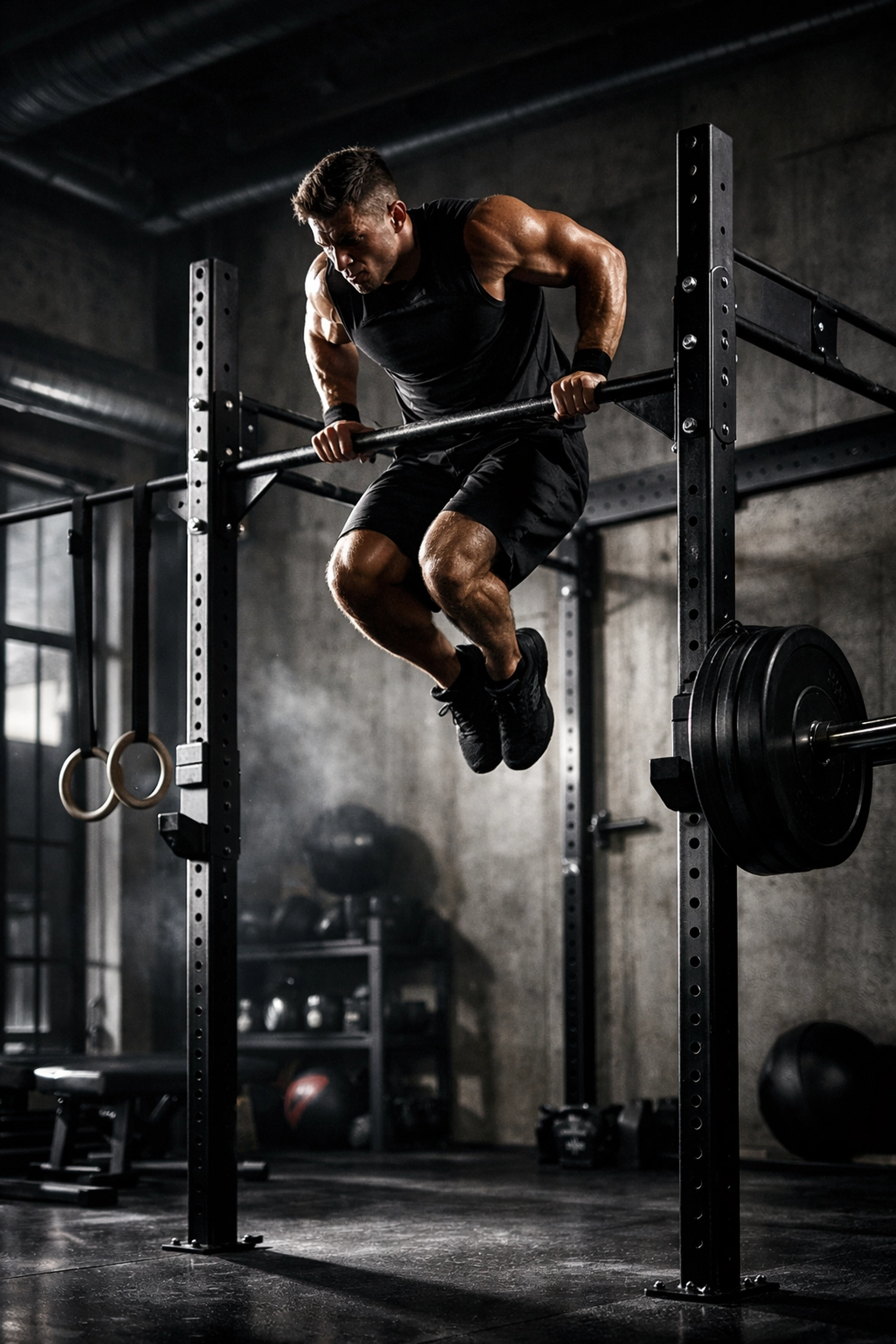 Athlete performing muscle-up on a floor to ceiling home gym rail system for calisthenics training.