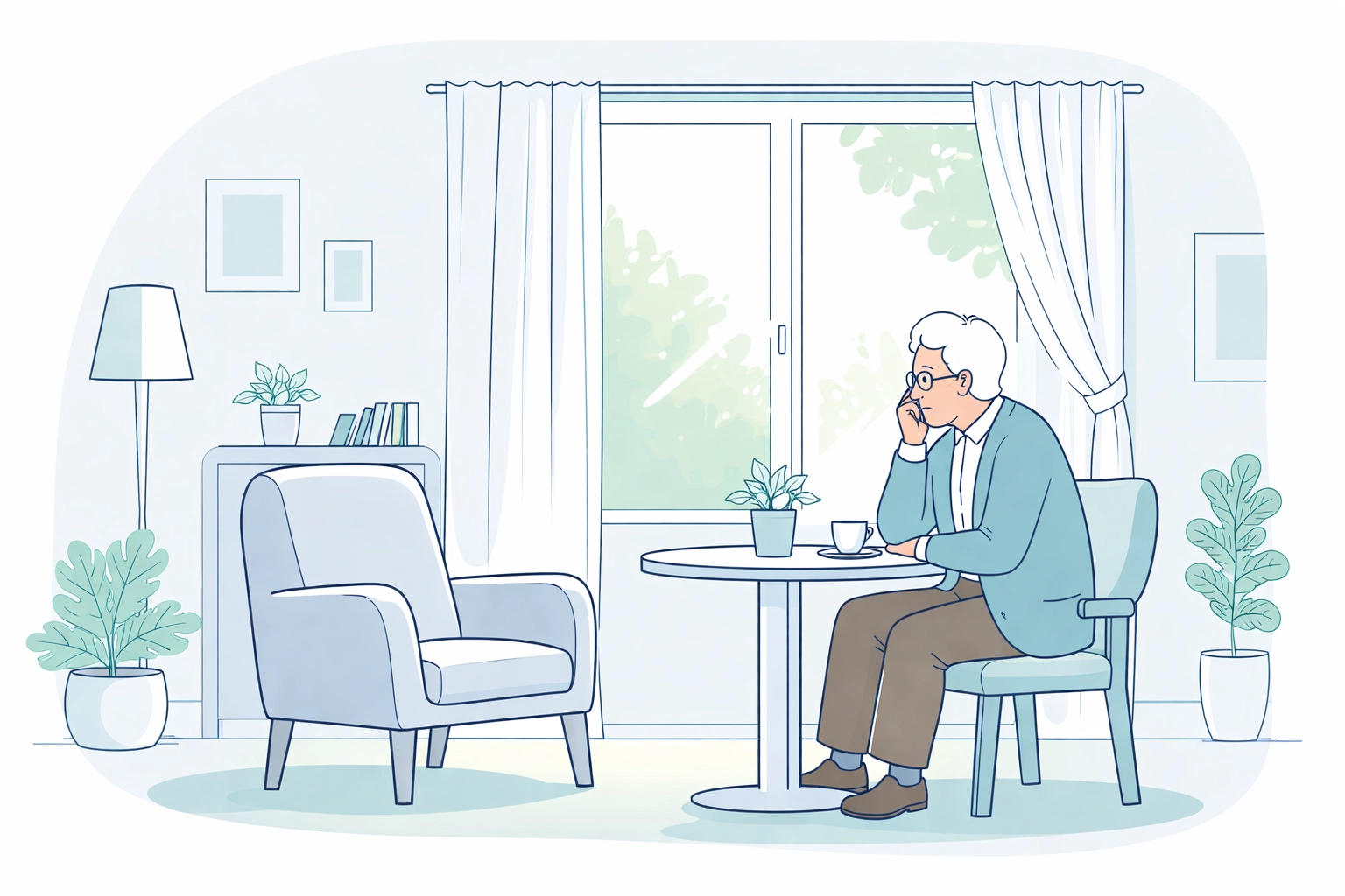 Elderly person sitting alone by a window, illustrating the impact of senior loneliness and isolation