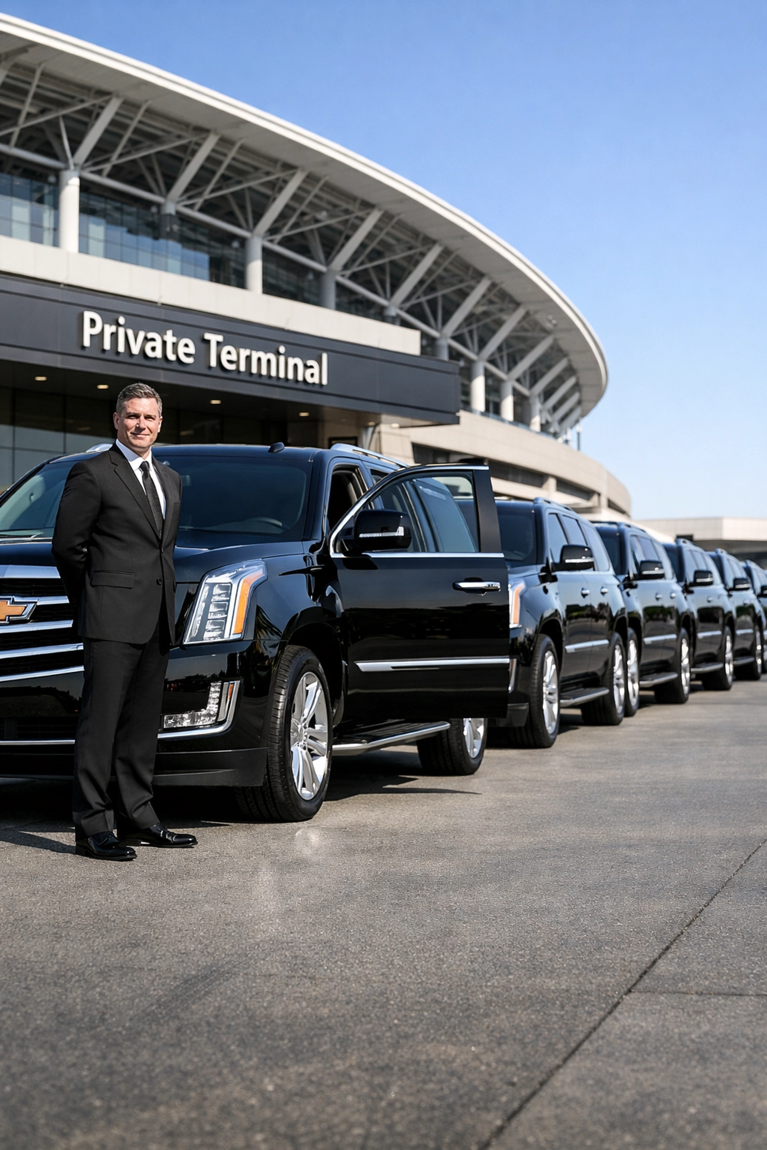 Professional chauffeur standing by a fleet of black luxury SUVs for Super Bowl executive transportation logistics.