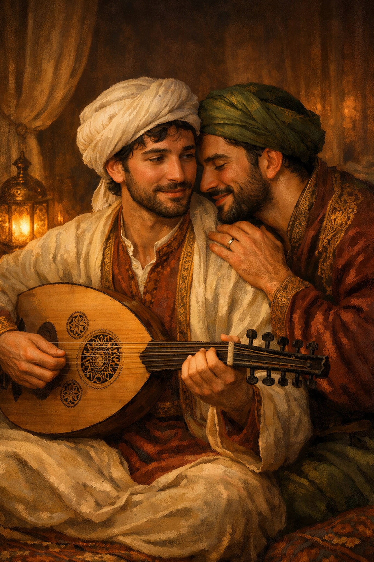 Gay couple in historical Middle Eastern attire sharing music, inspired by Mukhannathun social roles.