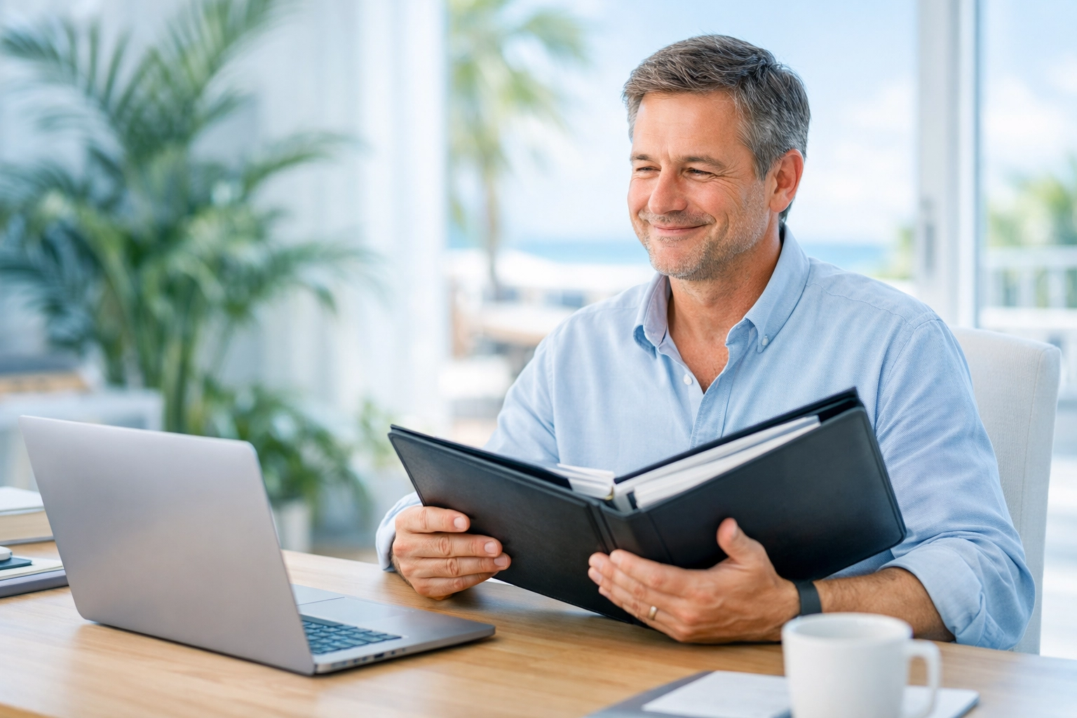 A relieved Florida homeowner reviewing a successful loan modification and home value assessment in their home office.