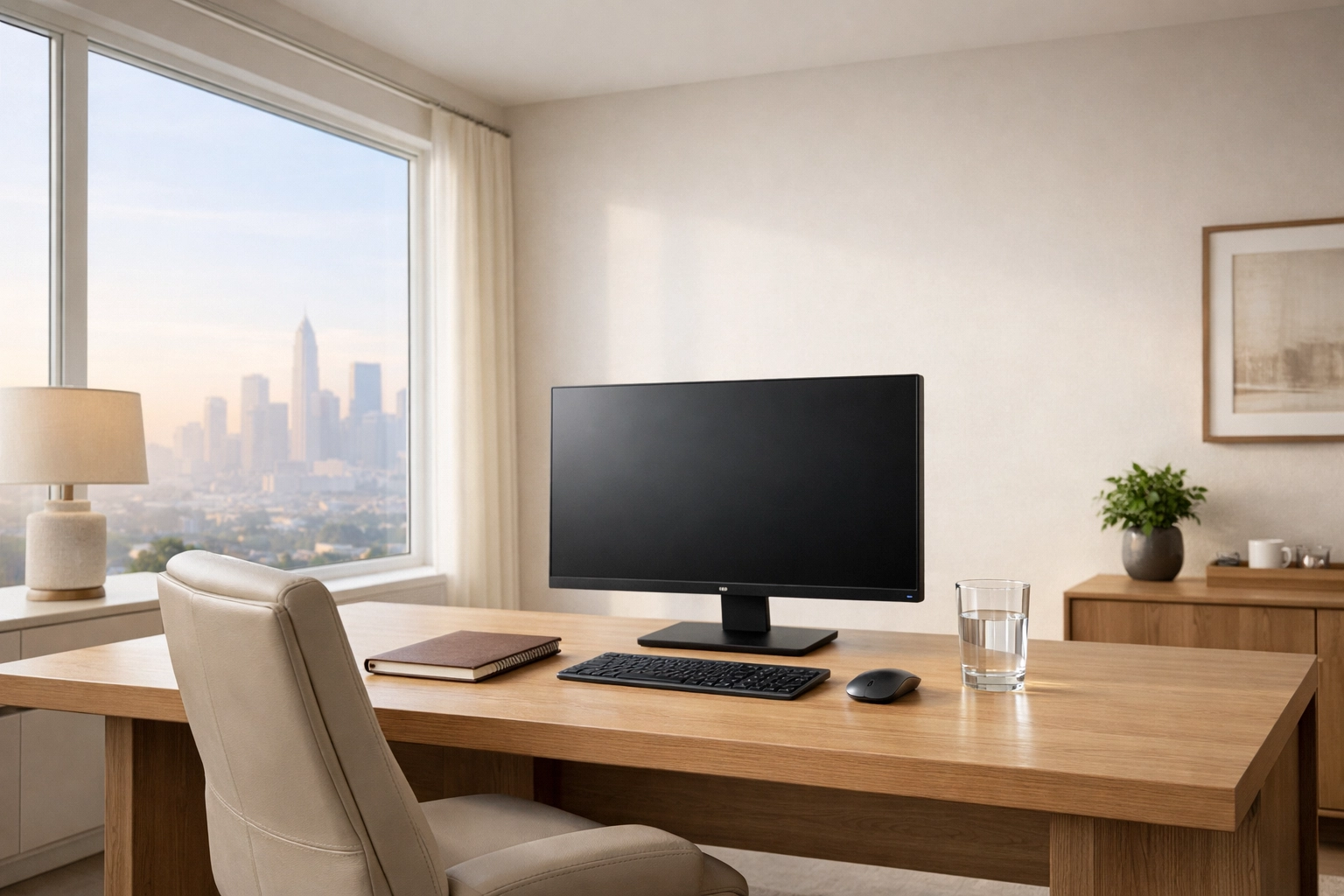 Clean home office with a city view representing financial peace of mind through expert tax advisory.