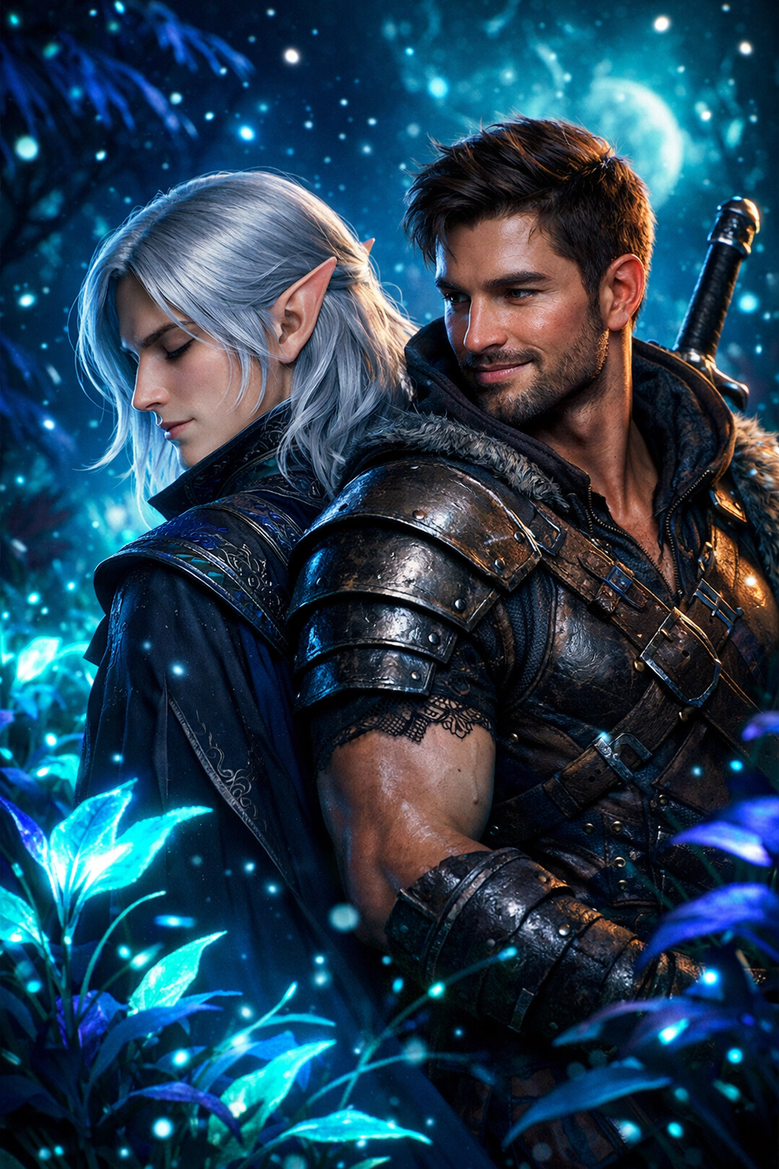 A gay fantasy romance scene featuring an elf and a warrior in a bioluminescent glowing forest.