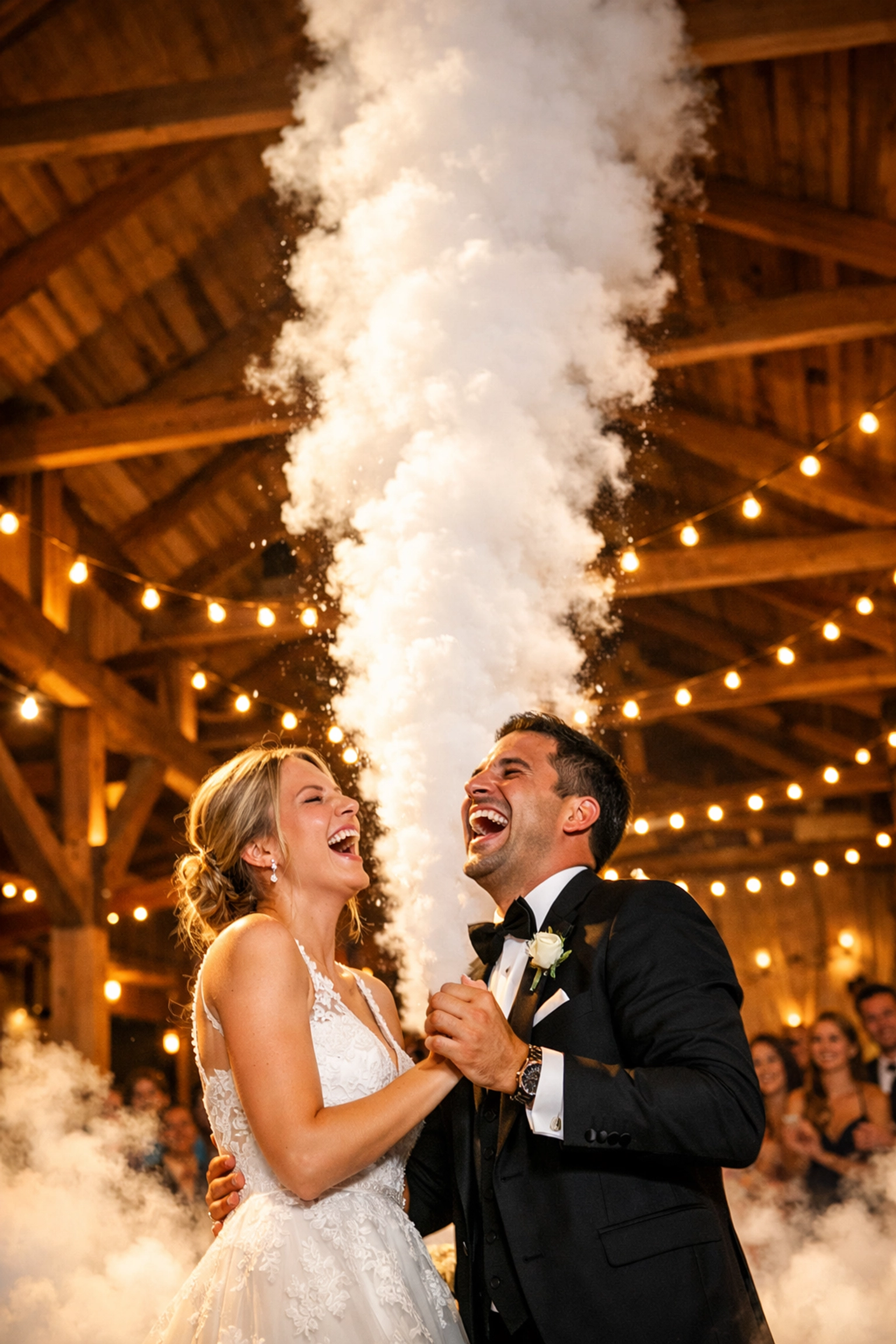 Bride and groom dancing as a powerful CO2 cannon blast creates a cinematic wedding entrance effect.