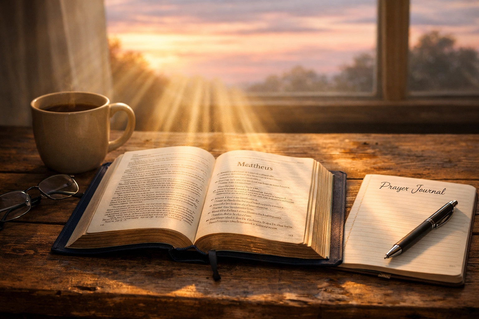 Open Bible on wooden table with prayer journal and morning sunlight streaming through window