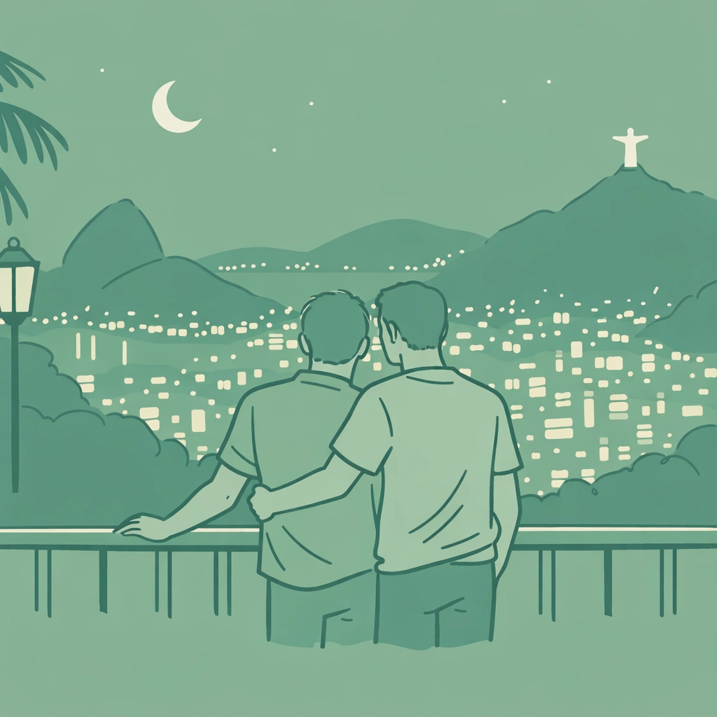 Two men embracing on Santa Teresa terrace overlooking Rio at night - gay Valentine romance